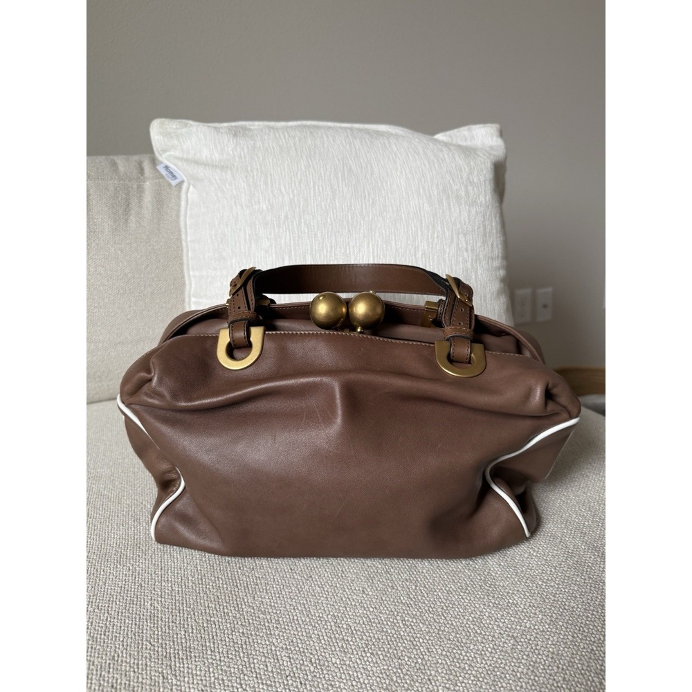 Marni Leather Kisslock bag Purse Brown Leather Vintage Rare Y2K Shoulder Luxury - Picture 2 of 12